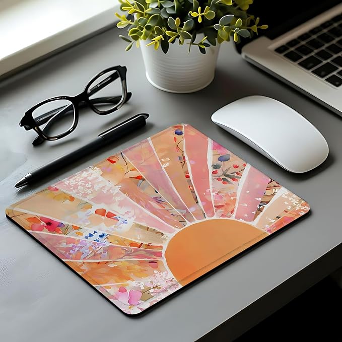 Modern Horizontal Boho Orange Sun floral Mouse Pad,Abstract Watercolor Sunrise Mouse Pads Mousepad for Desk Home Office Dorm Computers Laptop, Boho Office Supplies Desk Accessories, 9.5x7.9 Inch