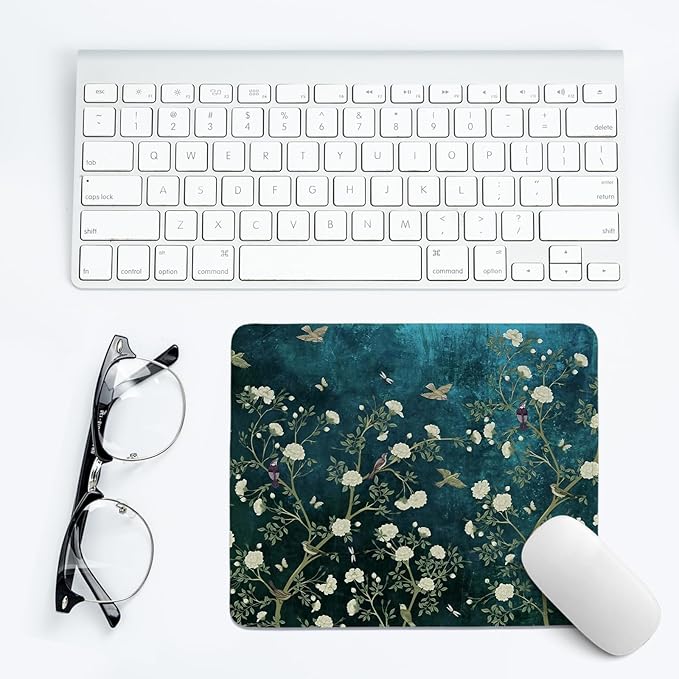 Blue Chinoiserie Mouse Pad,Cherry Blossom Bird Desk Mat,Vintage Spring Floral Mouse Pad,Dark Greens Floral Mousepad,Girly Laptop Desk Mat for Dorm Home Office Decor,10.2x8.2 Inch