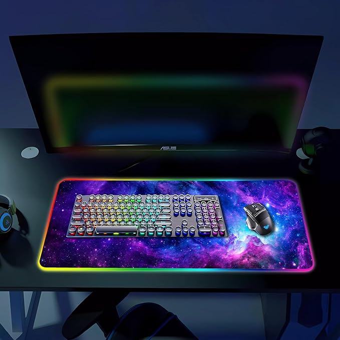 RGB Gaming Mouse Pad, Large Mousepad with Led Light, Gaming Accessories Keyboard Pad for Desk, Non-Slip Rubber Base Big Mouse Mat for Gamer, 31.5 X 11.8 Inch, Purple Galaxy
