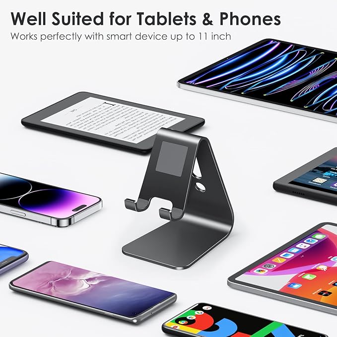 OMOTON Upgraded Aluminum Cell Phone Stand, C1 Durable Cellphone Dock with Protective Pads, Smart Stand Designed for iPhone 17 Air, 16/15/14/13 Pro Max XR XS, iPad mini, Android Phones, Black