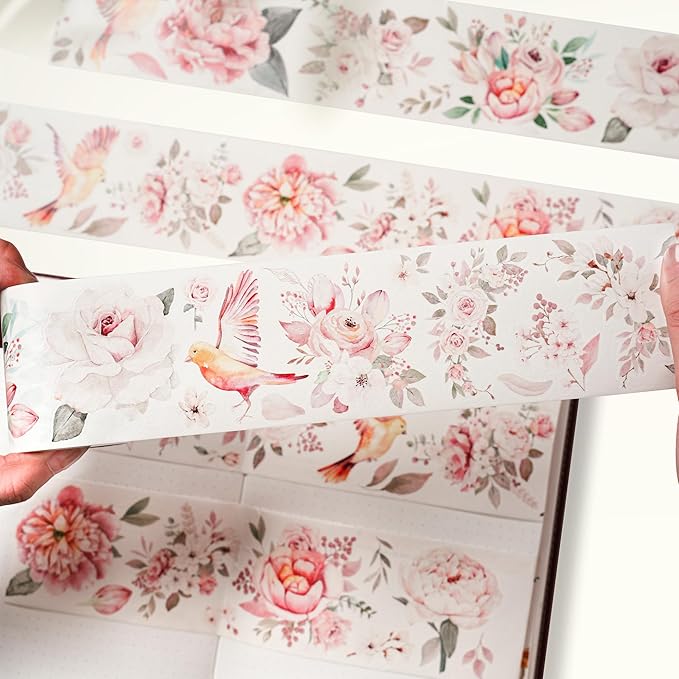 WT Pre-Cut Pink Velvet Wide PET Tape, Single Roll, Original Designs, Transparent Floral Adhesive, Durable Decorative Clear Tape for Journaling, Scrapbook, Planner, DIY Crafts, Bujo Supplies, 60mm×5m