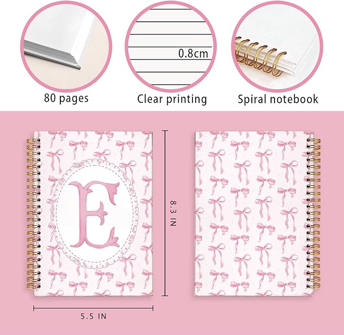 LIANGW Pink Bow Journal Notebook for Teen Girls,Initial E Journals Personalized Diary Gifts for Teen Girl Kids, Monogrammed Gifts for Women, Coquette Cute Hardcover Spiral Notebook 5.5 x 8.3