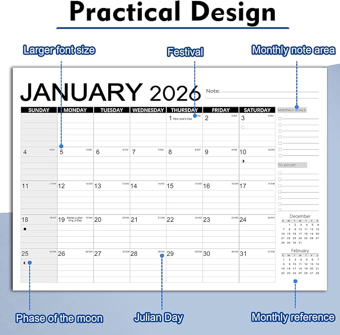 Calendar 2026, Anti Ink Bleed, Durable Thick Paper, Large days Blocks, Wall Calendar 18 Months with Stickers, 17" x 12" Large Simple Style 2026 Calendars for Home, Office, Teacher Supplies- Simple