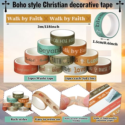 Janlaugh 24 Rolls Christian Washi Tape Gifts Bulk Bible Religious Inspirational Scripture Supplies Boho Verse Washi Tape for Bible Journaling Study Crafting Easter DIY Gifts