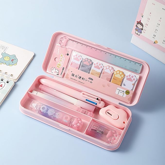 9 Pcs Cute Pink Stationery Set Cat Paw School Supplies Kawaii Office Supplies Including Pens Pencil Sharpener Highlighter Eraser Correction Tape Ruler Utility Knife (Cat Paw-Pink)