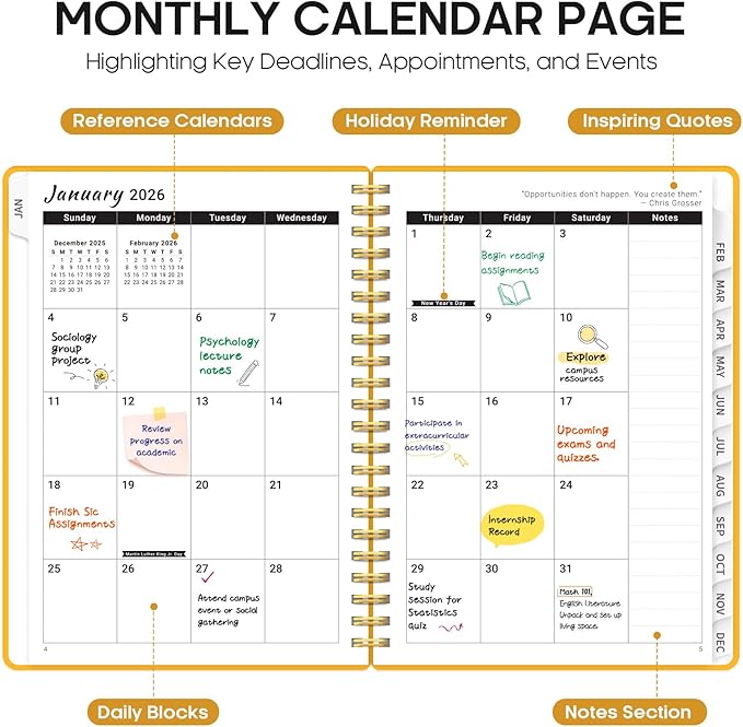 2026 Planner, Weekly and Monthly Calender Planner, Jan 2026 to Dec 2026, Hardcover 2026 Calendar Book with Tabs & Inner Pocket, Office Home School Supplies for Women & Men - A4 (8.5" x 11"), Yellow