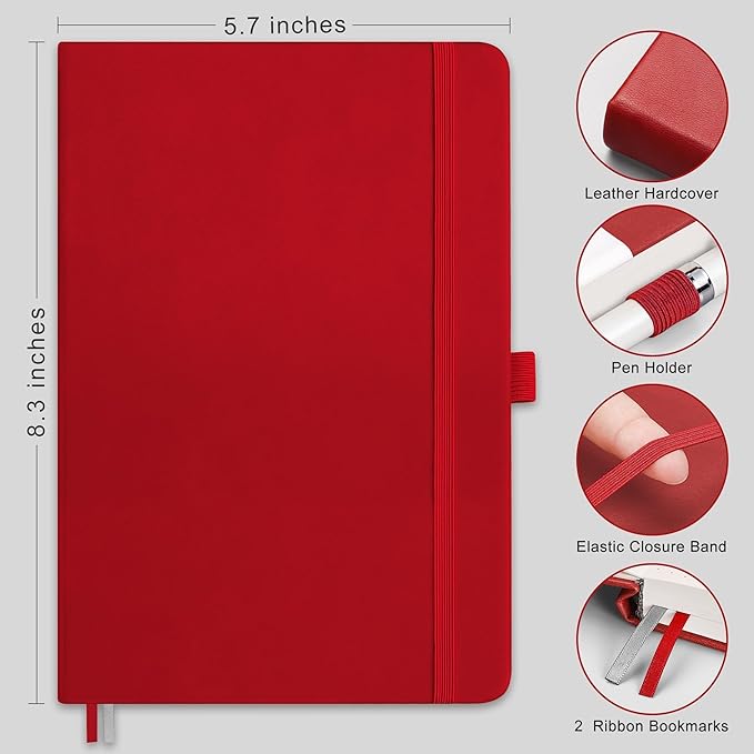 RETTACY Dotted Journal Notebook, 192 Pages, A5 Medium Size (5.7'' x 8.3''), Leather Hardcover, 100 GSM Thick Paper, for Bullet Journaling, Planning, Tracking (Red)