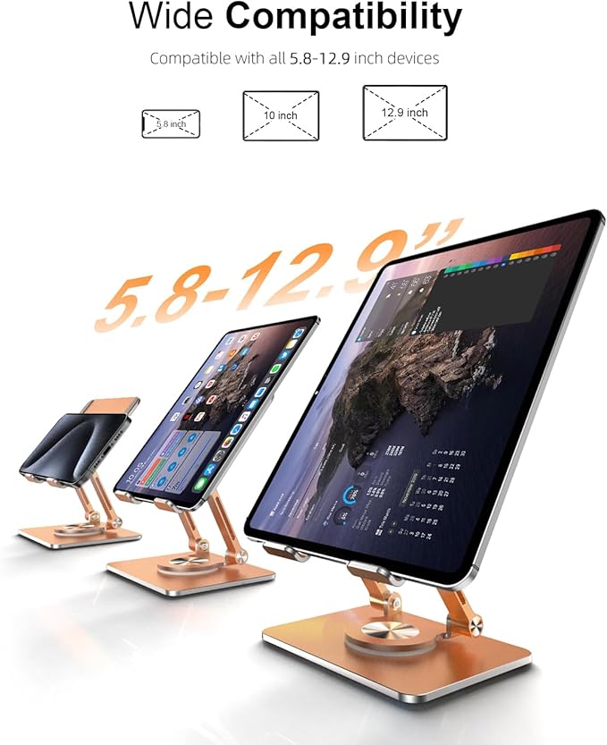 OrlianTablet Stand Holder with Thickened 360°Rotating Base Dual Rod Adjustable Aluminum Stand for All 5.8-12.9” iPad Samsung Phone Tablet Kindle E-Reader and More, Gold