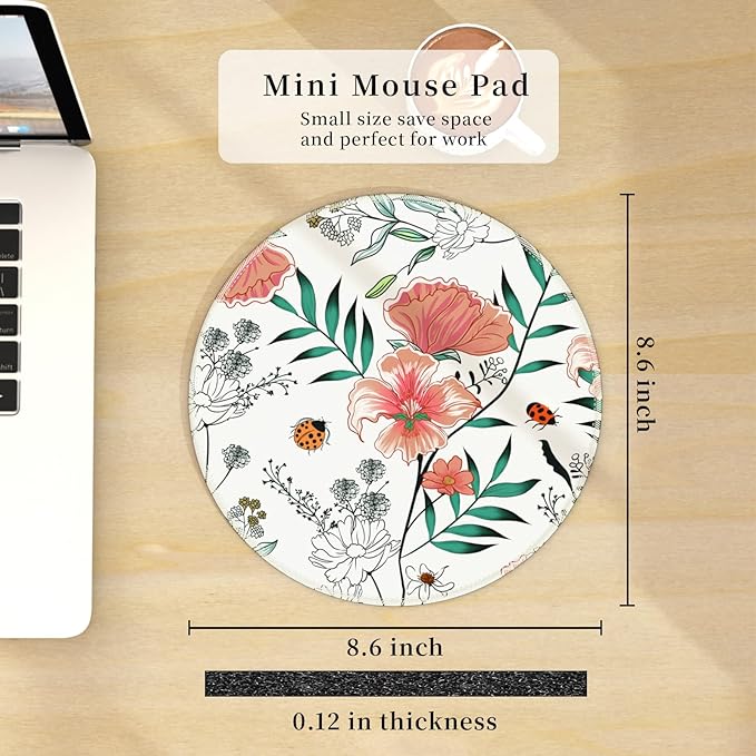 Floral Plants Mouse Pad for Desk, Small Cute Mousepad with Non-Slip Base, Round Mouse Pads for Wireless Mouse Laptop Gaming, Computer Mouse Mat for Office Decor Desk Accessories Supplies