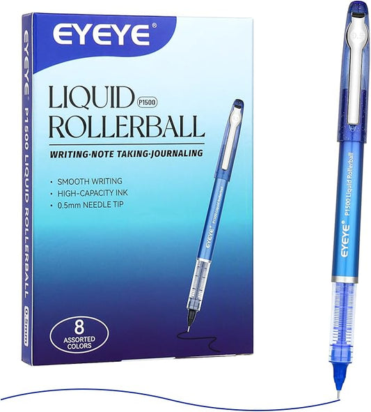 EYEYE 0.5mm Roller Ball Pens 8 Assorted Colors, Quick Drying Liquid Ink Needle Rollerball Pens Extra Fine Point Smooth Writing Pen for Journaling, Note Taking, Office, School Supplies & Gifts