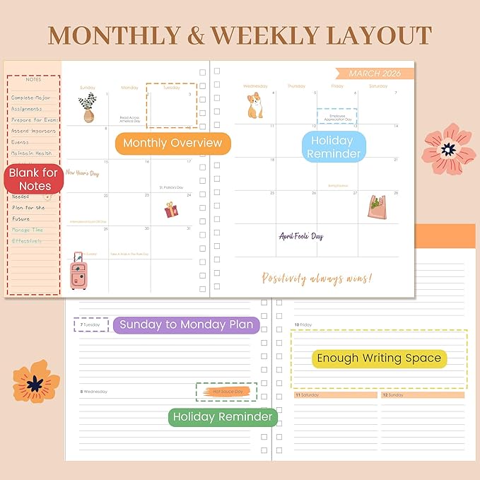 CAGIE 2026 Planner Weekly and Monthly- Dec 2025-Dec 2026 with 13 Month Tabs, Hardcover Calendar Planners with Stickers Spiral Bound Yearly Agenda Planner for Women, Blue Floral, 8.3"x9.1"