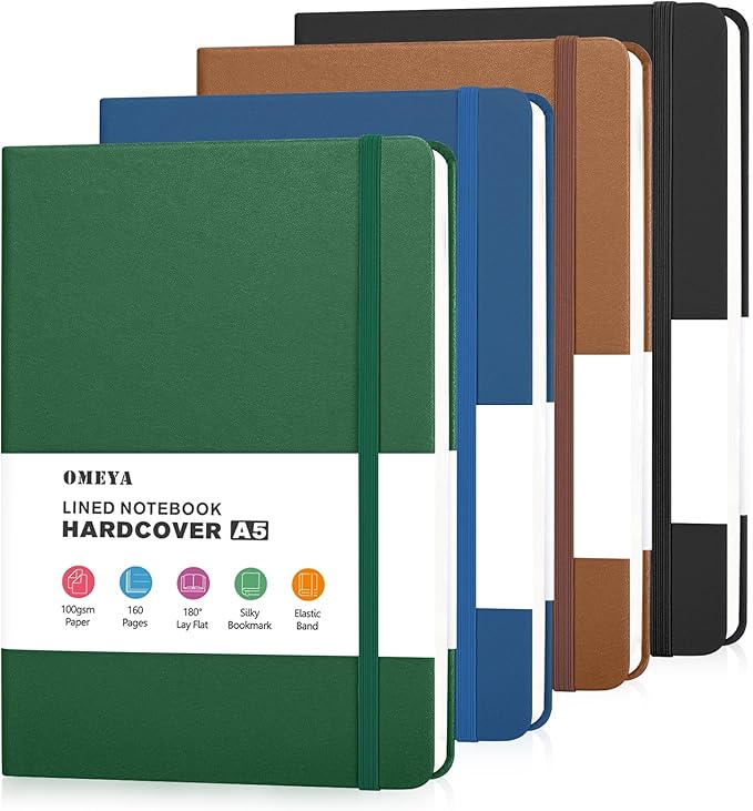 OMEYA 4 Pack Lined Journal Notebooks for Work, 100gsm Thick Paper, 5.7"x 8.3", College Ruled A5 Notebook Bulk, Leather Journal for Writing, Hardcover Notebooks for School, Office, Journal for Men