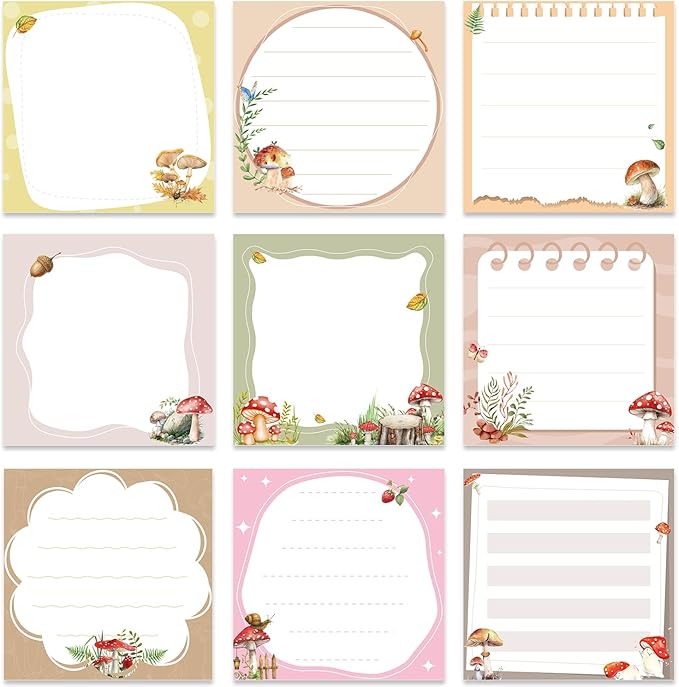 Mushroom Sticky Notes Gifts - 9 Pack Cartoon Mushroom Notepads 3x3 Inch Gifts for Students Coworkers, Cute Self-Adhesive Memo Pads Office School Supplies (450 Sheets)