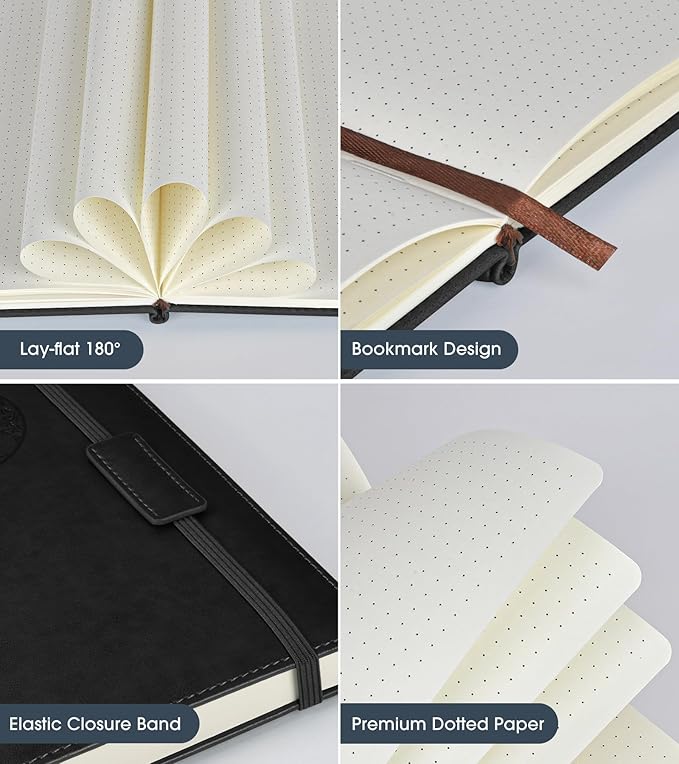 Biuwory Dotted Journal Notebook for Women Men, 160 Pages Hardcover Dot Grid Notebooks for Work, School & Travel, Leather Journals for Writing, Bullet Journaling 5.7"×8.3" (Black)