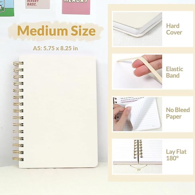 SUNEE Journaling Notebooks, A5 Lined Spiral Notebook for Women, 146 Pages College Ruled Hardcover Notebook for Work, Note Taking, Journaling and Office School Supplies, A5 - Beige