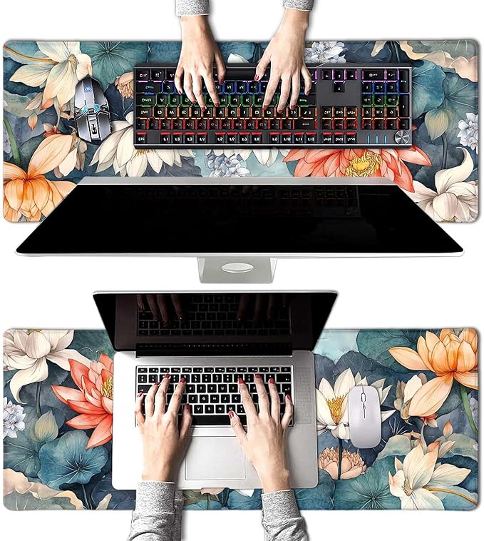 Aesthetic Lotus Flower Large Mouse Pad, Desk Mat Computer Keyboard Pad Non-Slip Rubber Base Waterproof with Stitched Edges for Laptop Gaming, Office & Home 31.5 x 11.8 Inch