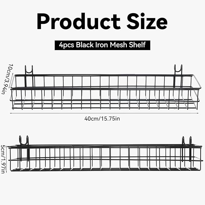 4 PCS Grid Wall Baskets, 15.75×3.94×1.97 Inch Hanging Wire Basket for Grid Wall Panels Wire Basket for Wall-Mounted Storage in Kitchens, Bathrooms and Bedrooms-Black