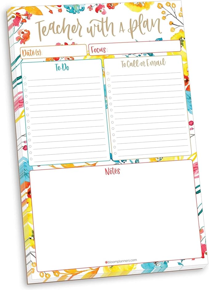 bloom daily planners Teacher To-Do List Planning Pad - Teacher Appreciation Gift | Daily and Weekly Organizer - 80 Sheets Tear-Off Notepad for Classroom or Home School (6” x 9”) - Happy Blooms