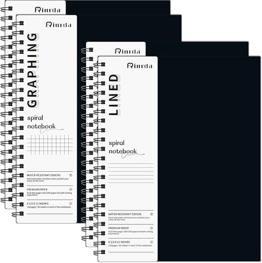 Black Spiral Notebook 8.5" x 11"-4 Pack Graph&Lined Hardcover notebooks