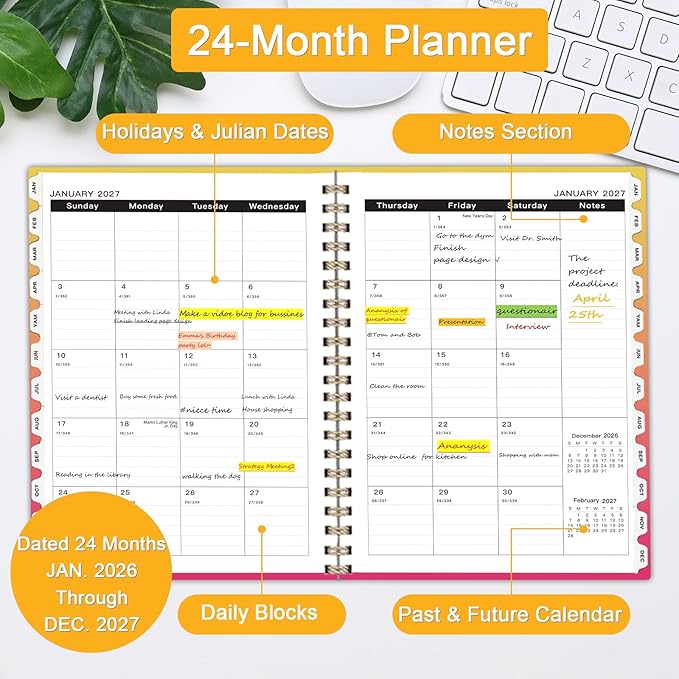 Ymumuda 2026 Monthly Planner - 2 Year Monthly Planner, JAN.2026 to DEC.2027, 8.5" x 11", Large Calendar with Spiral Bound, 24 Coated Tabs,24 Months Perfect for School & Office Schedule, Orange & Pink