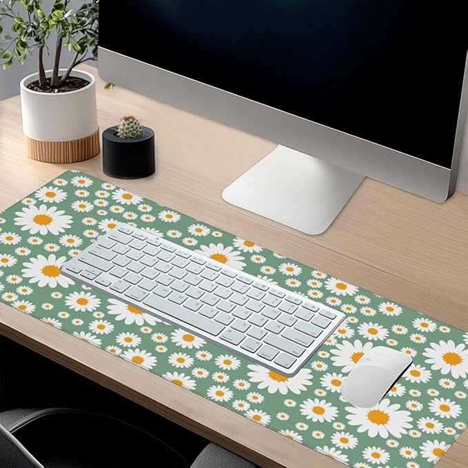 Extra Large Mouse Pads Daisy Flowers XXL Mousepad with Stitched Edges Spring Floral Print Non-Slip Rubber Base Computer Keyboard Pad Desk Mat for Home Office Desk Decor, 35.4" X 15.7"