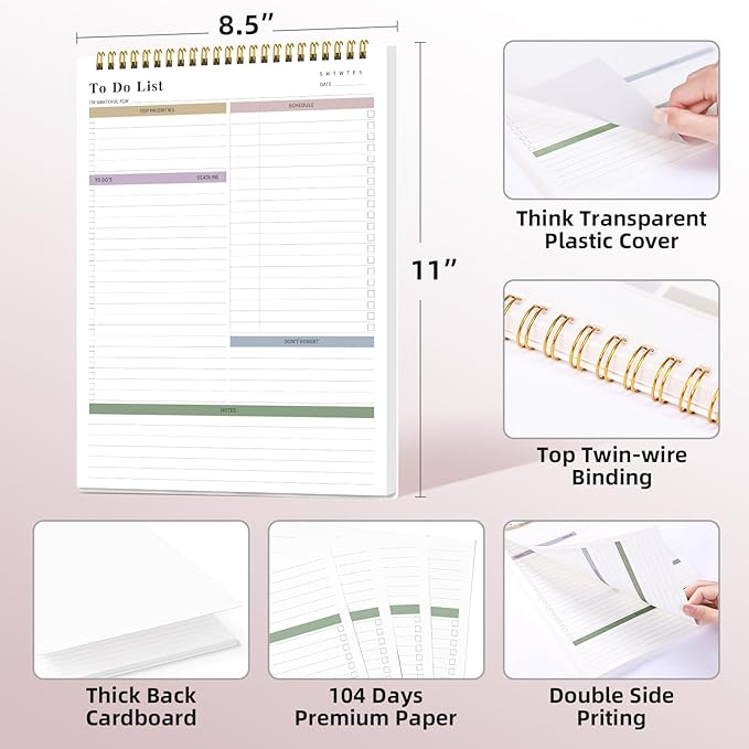 To Do List Notepad Undated, Daily To Do List Notebook (8.5"x 11") Spiral Daily Task Hourly Schedule Planning Pad with Checklist Suitable for Office, Home and School 104 Pages