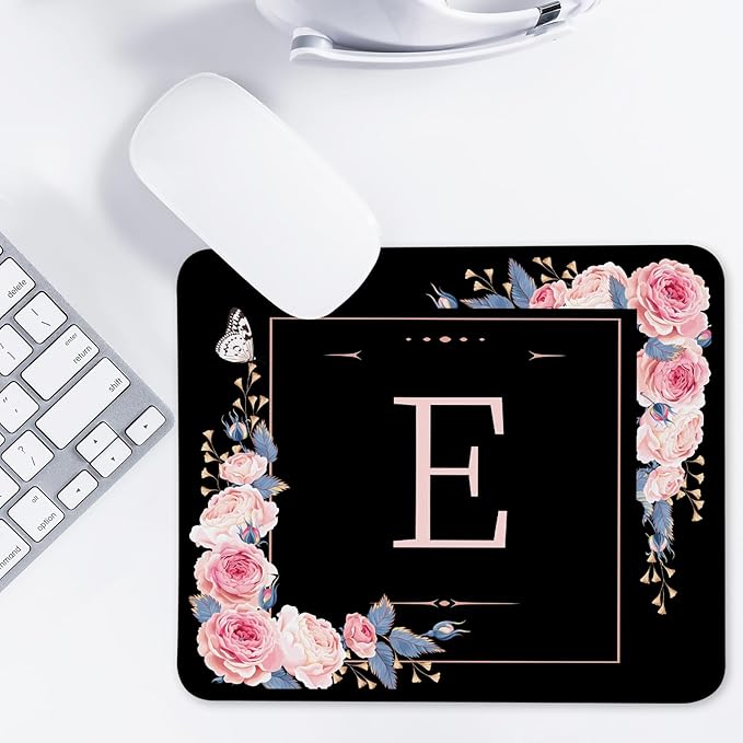 Letter E Black and Pink Flowers Square Mouse Pad, Mouse Pad with Stitched Edge and Non-Slip Rubber Base,Mouse Mat,Home Office Decor Desk Accessories,9.4x7.8x0.12 inch Square Mouse Pad