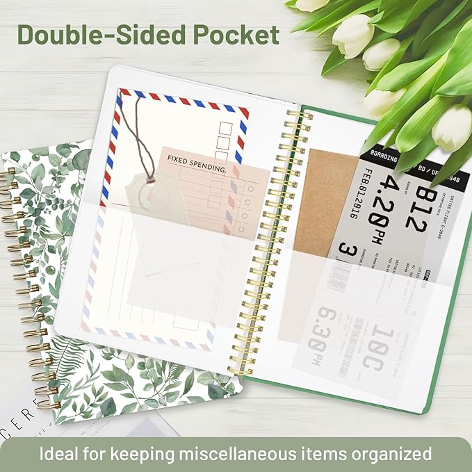 Stanoha Cute Spiral Notebook A5 Journal for Women Girls Kawaii Aesthetic Pretty Floral Design with Pocket, 8.5 x 5.7 inch, Line, Green Leaves