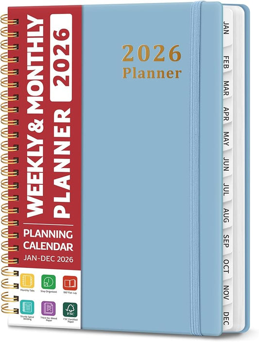 2026 Planner, Weekly and Monthly Calendar Planner, January 2026 - December 2026, Hardcover 2026 Calendar Book with Tabs For Women & Men, Inner Pocket, Spiral Bound, Perfect for Office Home School Supplies - A5 (6.3" x 8.5"), Blue