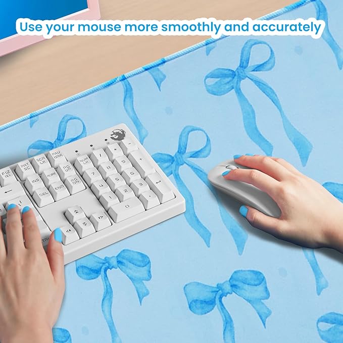 Large Mouse Pad, Blue Bows Desk Mat with Light Blue Background, Kawaii Computer Mat Keyboard Mat Cute Blue Office Accessories, Non-Slip Rubber Base Laptop Pad Girls Desktop Decor 31.5 x 11.8in