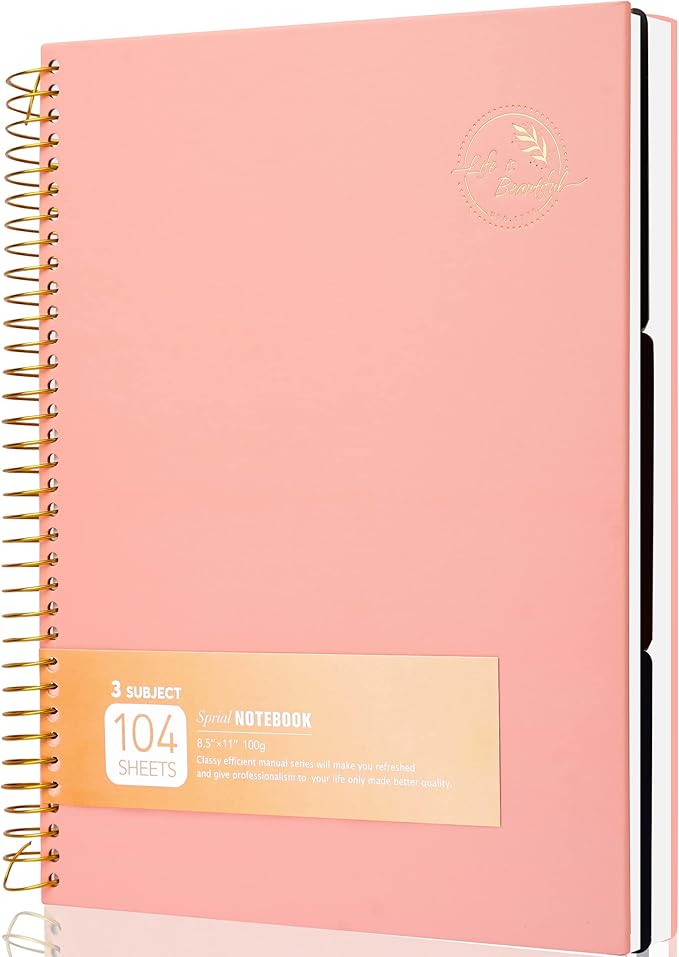 FLYING EAGLE 3 Subject Notebook Large Spiral Notebook 8.5 X 11, Pink Notebook for Women Men, 100 GSM Thick Paper 104 Sheets, Hardcover Notebook for Work, School, Writing, Note Taking Pink