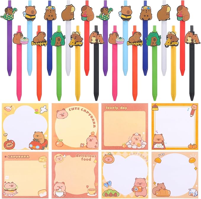 40 Pcs Capybara Sticky Notes with Pens Cartoon Black Ink Pens&Small Memo Pads Capybara Stationery Sets for Office Home