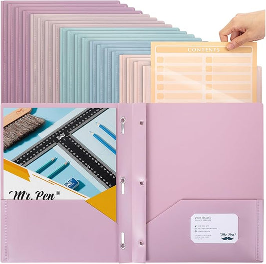 Mr. Pen- Plastic Folders with Pockets and Prongs, 20 Pack, Letter Size, Assorted Pastel Colors, Flexible Plastic Folders with Prongs, Clear Front Pocket, Card Slot & Color-Coded Cover Papers