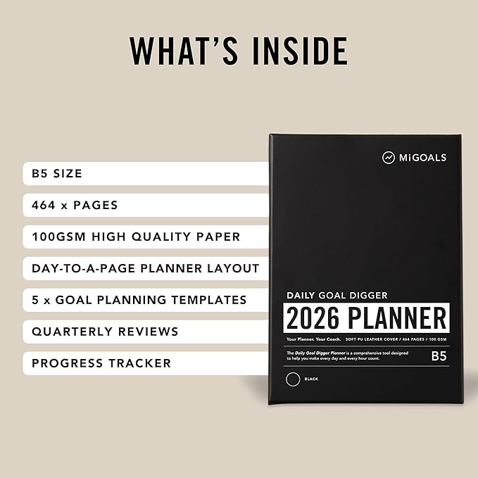 MI GOALS Goal Digger Daily Planner 2026 | Dated Journal for Gratitude, Progress & Habit Tracking | Day-To-A-Page B5 (Black)