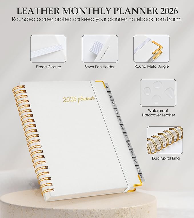 2026 Planner, Weekly and Monthly Calendar Planner from January 2026 - December 2026, 8.5" x 11" Hardcover Leather Hourly Appointment Book with Tabs, Spiral Daily Planners for College School Work Home, White