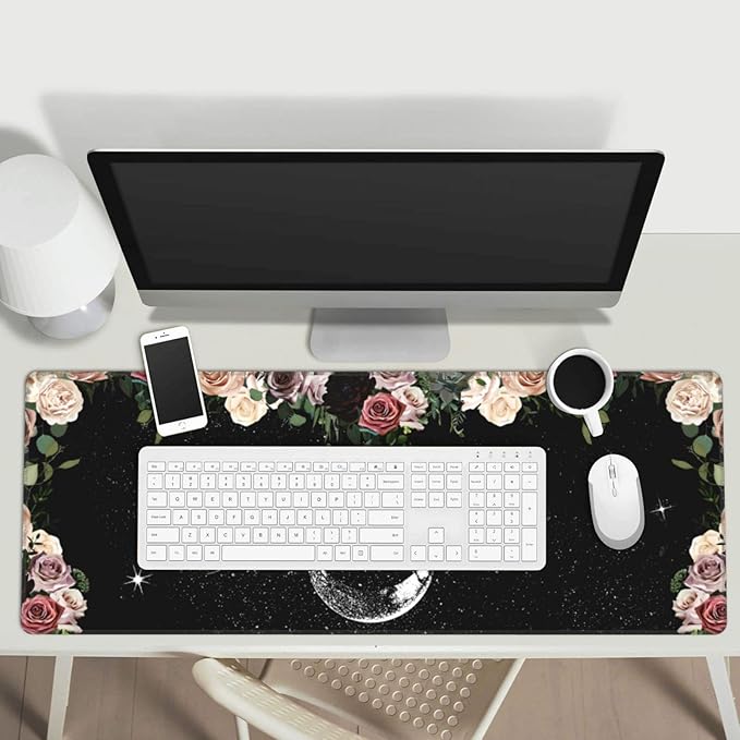 Pale Roses Moon Phase Witchy Tarot Black XXL XL Large Gaming Mouse Pad for Desk, Non-Slip Long Extended Keyboard Pads Mousepad Rubber Table Mat 31.5 X 11.8 Inch