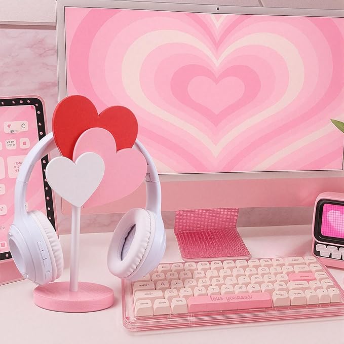 Yookeer Red Heart Headphone Stand Decor Cute Wood Headphone for Gamer Room Office Desk Gifts for Girlfriend Office Worker, Valentine's Day Gamer Gifts for Women