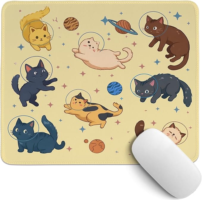 Yellow Funny Cats in Space Mouse Pad,Cute Cat Desk Mat,Cat Desk Accessories for Dorm Home Office Desktop Decor,Gift for Cat Lovers,10.2x8.2 in