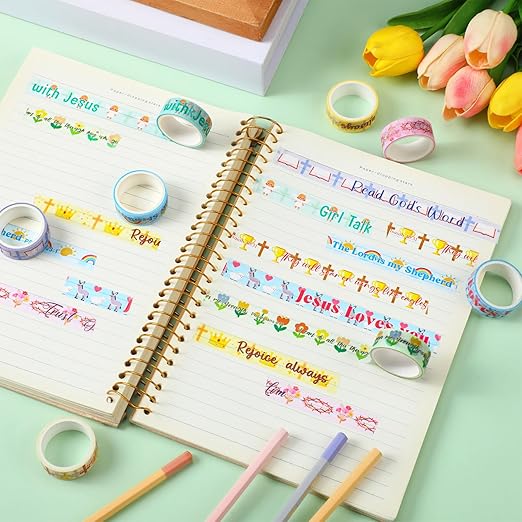 Janlaugh 24 Rolls Christian Washi Tape for Bible Journaling Gifts Bulk Religious Inspirational Scripture Supplies Cute Floral Bible Verse Washi Tape for Study Crafting Spring Easter Gifts Favors