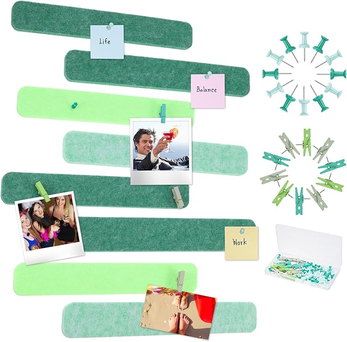 8 Pcs Felt Pin Board Bar Strips Bulletin Board 50 Pushpins and 10 Wooden Clip Pins Self Adhesive Cork Boards for Offices Home Wall Display Photos, Paste Notes, Schedules(Green)