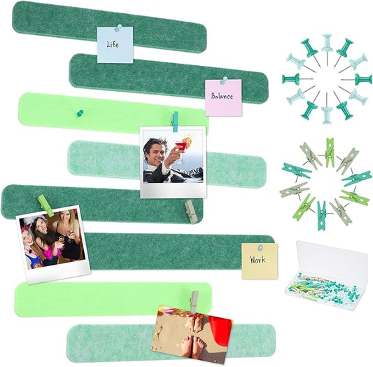 8 Pcs Felt Pin Board Bar Strips Bulletin Board 50 Pushpins and 10 Wooden Clip Pins Self Adhesive Cork Boards for Offices Home Wall Display Photos, Paste Notes, Schedules(Green)