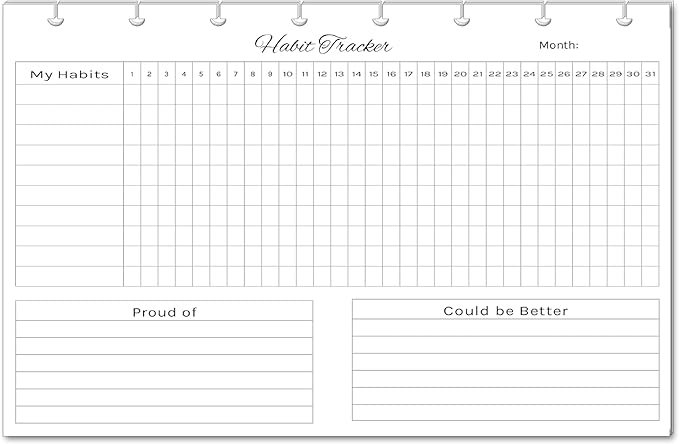 Horizontal Habit Tracker Inserts for 7, 9, 11 Disc | Mini, Classic, Skinny, Big, Letter, Junior Size Planners | Color or Black & White | Monthly Habit Log (Black & White, 8-Disc Junior)