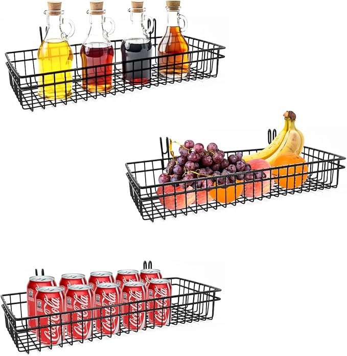 ANZOME 2 Pcs Metal Grid Wall Baskets with Hooks - Black Hanging Wire Basket Grid Wall Shelves - Multi Function Storage Organizer Plant Holder Shelf for Mesh Wall Grid Kitchen Organizing Display