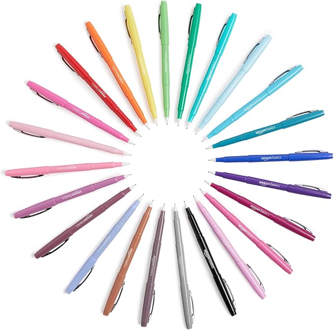 Amazon Basics Felt Tip Marker Pens, Assorted Colors, No-Fray Felt Tip, Smear-Proof, for Writing, Drawing, Journaling and Note Taking, 24-Pack