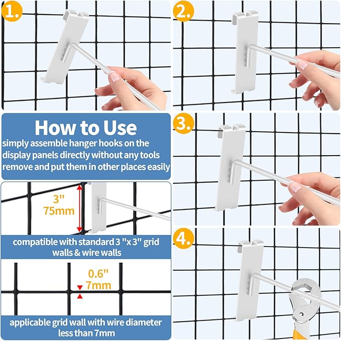 20Pcs Gridwall Hooks, Metal Grid Panel Hanging Peg Hooks, Grid Wall Accessory for Clothes Storage, Home Organization, Retail Display (White, 6"/15Cm)