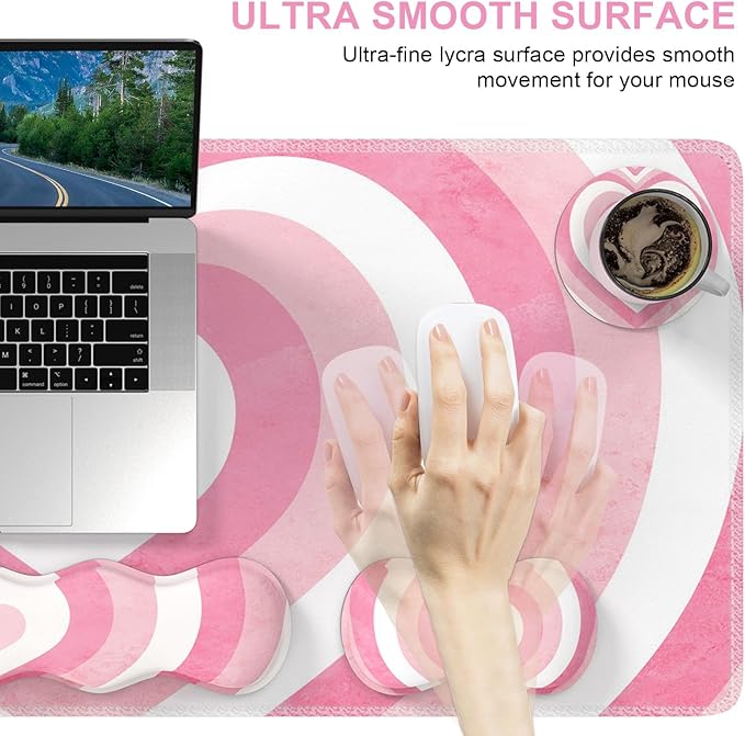 iLeadon Keyboard Mouse Pad Set, Large Gaming Mouse Pad + Keyboard Wrist Rest + Mouse Pad with Wrist Support + Coaster, Easy Typing Pain Relief, Desk Mat Set, Valentines Day present for Her, Pink Heart