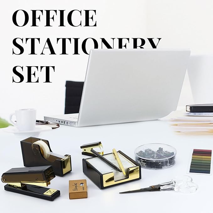 Buqoo Black Acrylic Sticky Notes Holder Stapler and Tape Dispenser Cutter with Staple Remover, Sticky Notes, Paper Clips, Scissor, Ballpoint Pen for School Home N Office Supplies