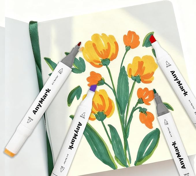 AnyMark Alcohol Markers, 120 Colors Dual Tip Art Coloring Markers Set for Adult Book Drawing Sketching Painting, Chisel & Fine, White Penholder