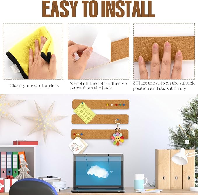 12 Pack Self Adhesive Cork Board Strips for Office, Home, Classroom with 100 Push Pins