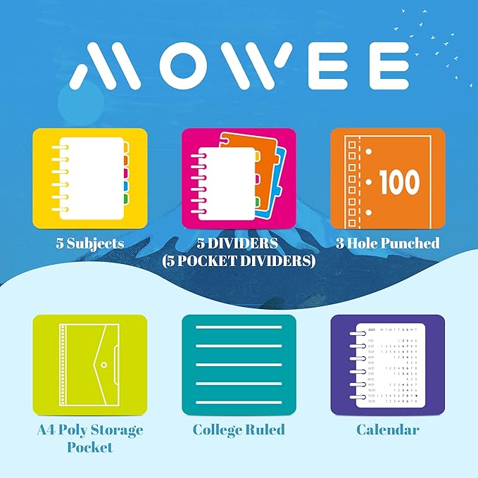 5 Subject Notebook - Spiral Notebook, College Ruled Notebook With Dividers Pocket, Tabs, 11" Ruler, 200 Pages, for Writing Journal, Home & Office, School Supplies, 8.5''x11'' Violet